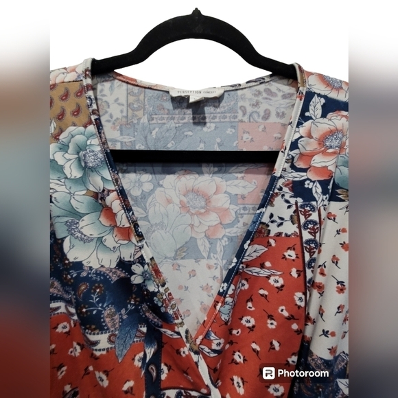 XL Multicolor Floral V Neck Drawstring Waist String Tie Long Sleeve Blouse - Picture 3 of 9